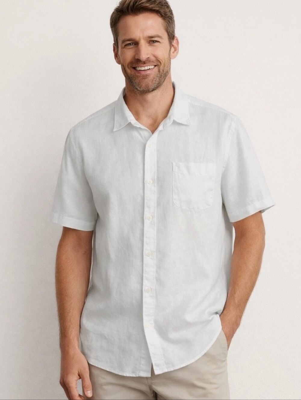 Lands End men Sz L 100% Linen Shirt White Short Sleeves Coastal Beach Vacation